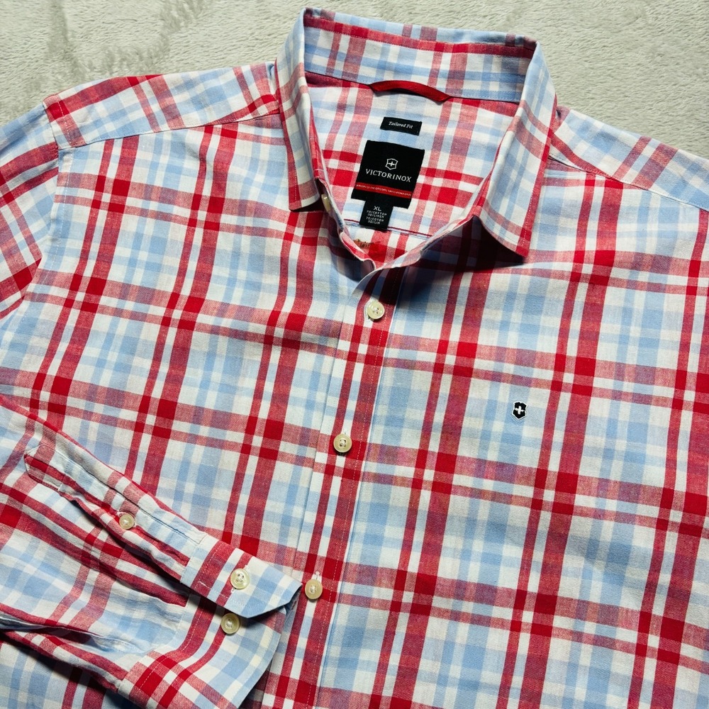 Victorinox Shirt Mens XL Plaid‎ Button Up Tailored Fit Stretch Casual Red Blue
